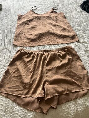 stars above Tan Satin Cami & Elastic Waist Shorts Pajama Set